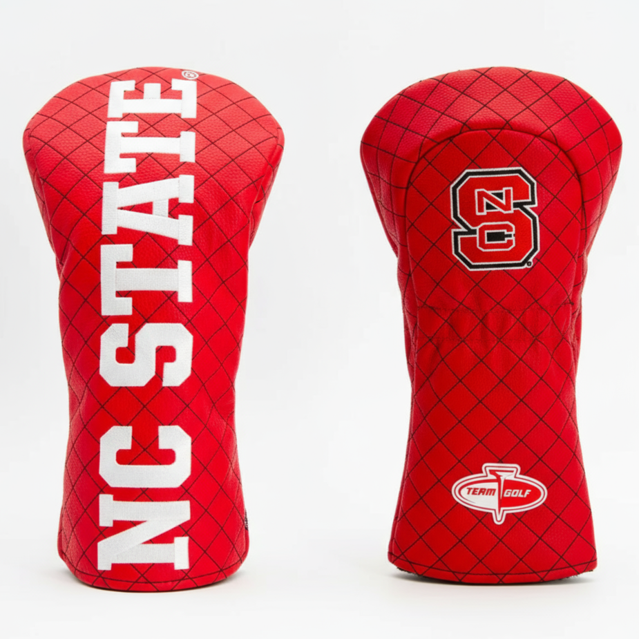 Red golf club head covers with 'NC State' and logo on a white background