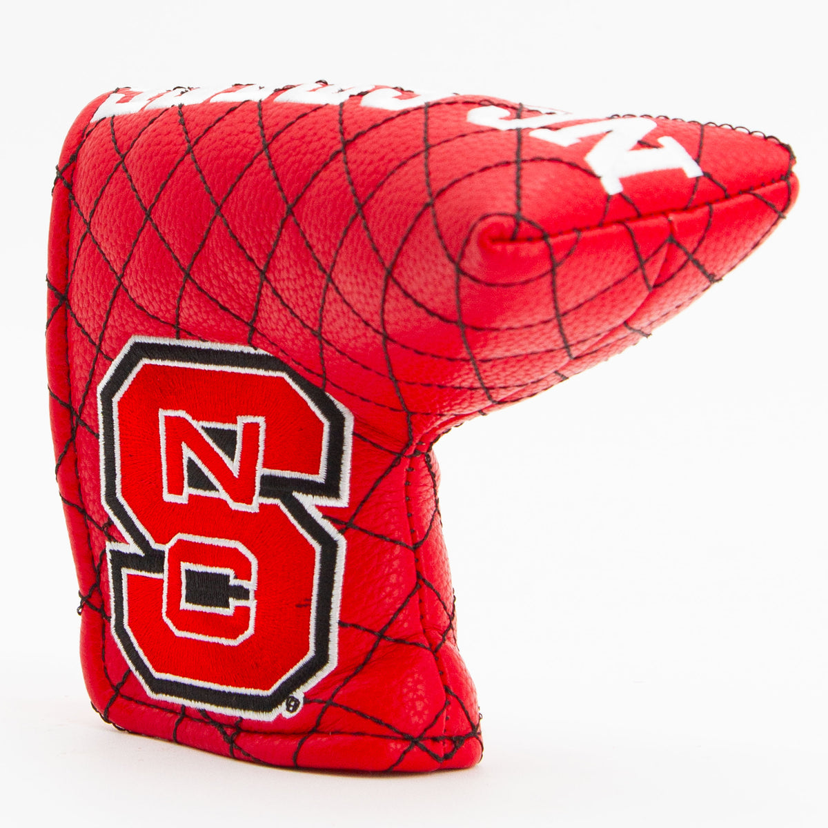NC State Wolfpack solid quilted blade putter cover, close-up of the stitching and textured exterior