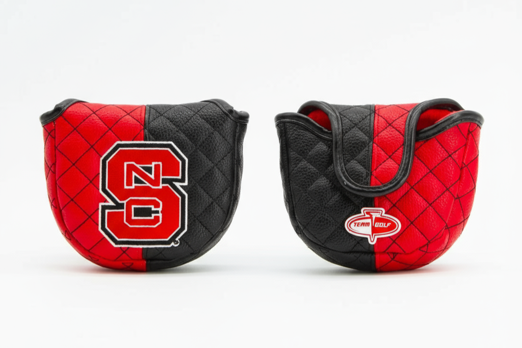 Two quilted golf club covers, one red and black with a logo on the other, on a white background.