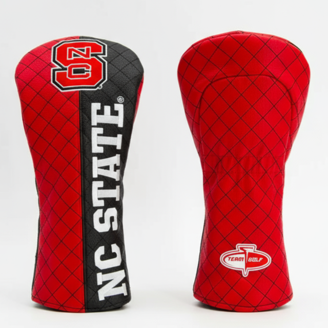 Two red and black golf club head covers with 'NC State' and 'FJ' logos on a white background.
