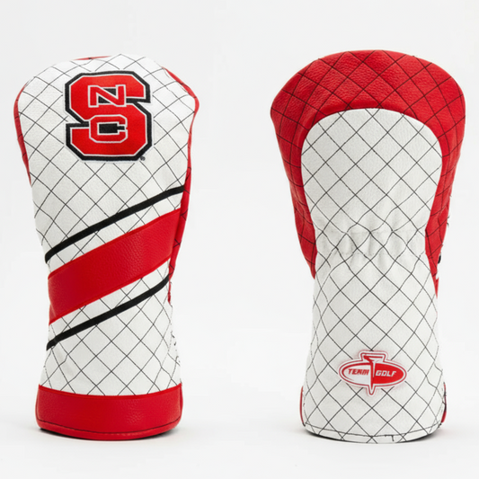 Two golf club head covers with a red and white design on a light gray background