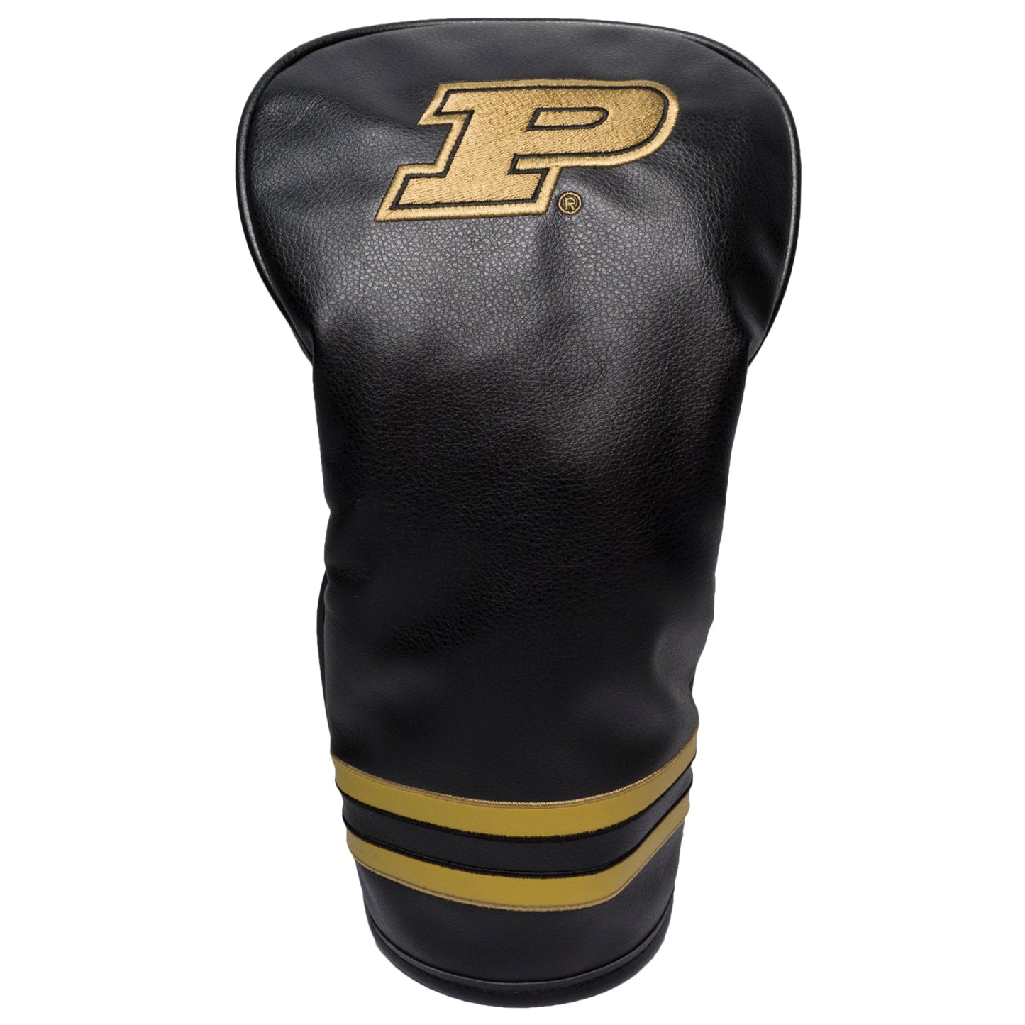 Black golf club head cover with gold letter 'P' on a white background