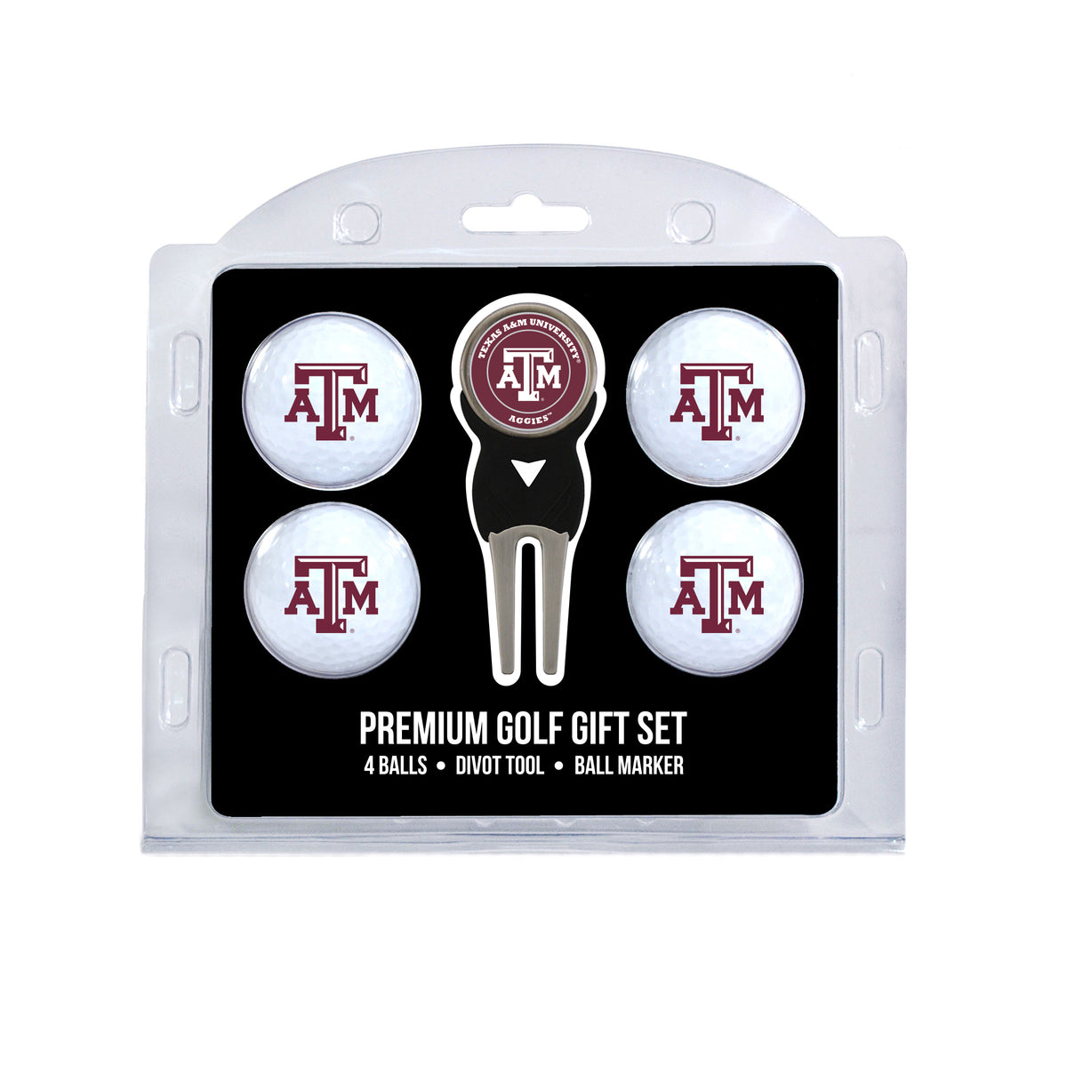 Texas A&M four ball golf gift set with divot tool and ball marker