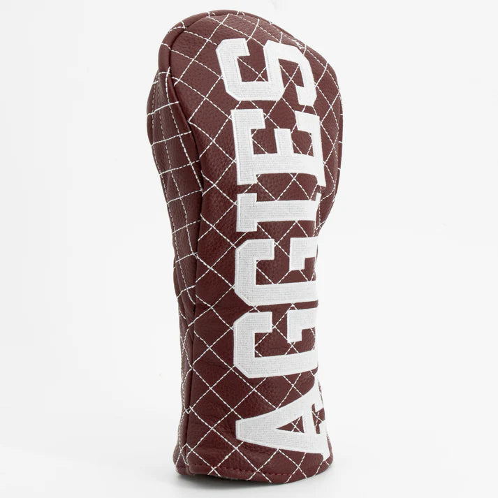 Golf club head cover with 'AGCES' branding on a white background