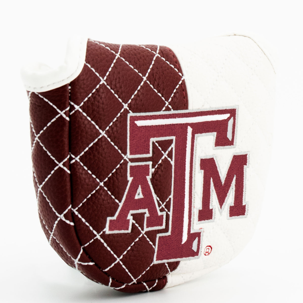 Texas A&M Aggies split quilted mallet putter cover, close-up of the stitching and textured exterior