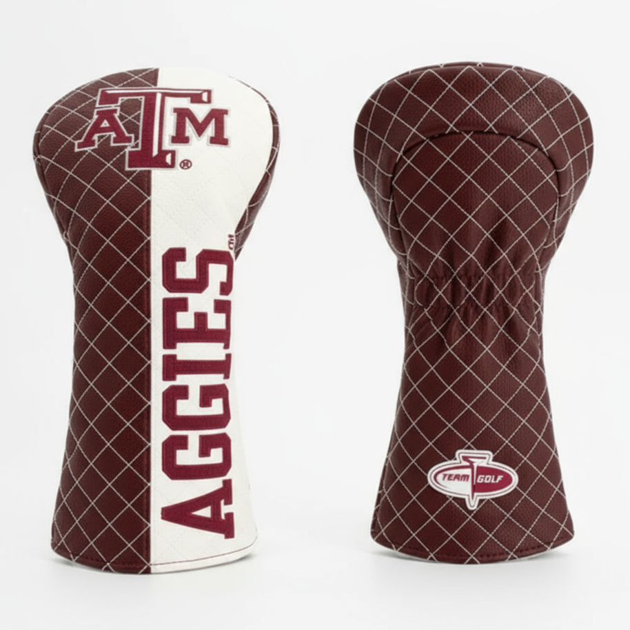 Two golf club head covers with Texas A&M Aggies branding on a white background