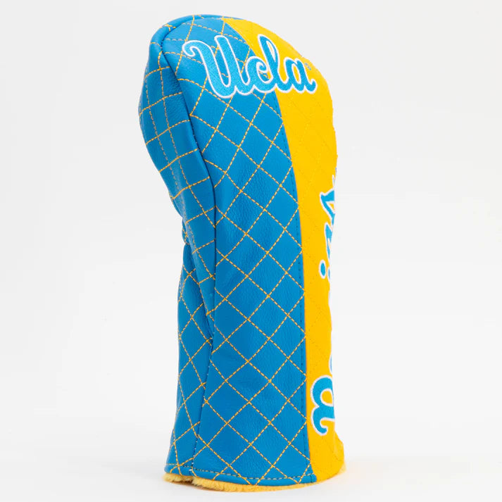 Blue and yellow golf club head cover with 'UCLA' branding on a white background