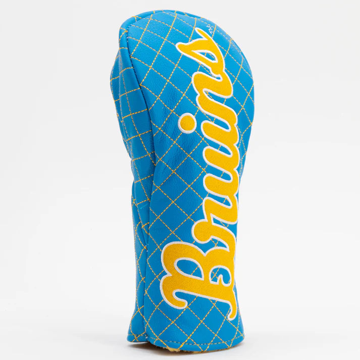 Blue golf club head cover with yellow 'Bruins' text on a white background