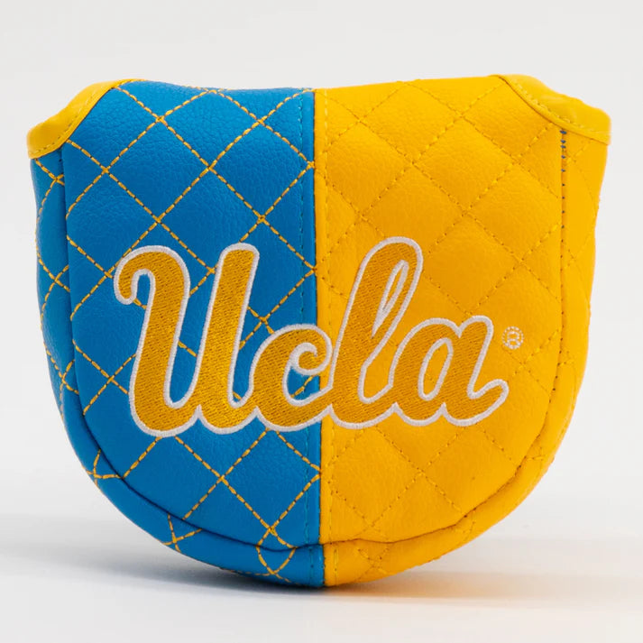 Blue and yellow golf club head cover with 'UCLA' branding on a white background