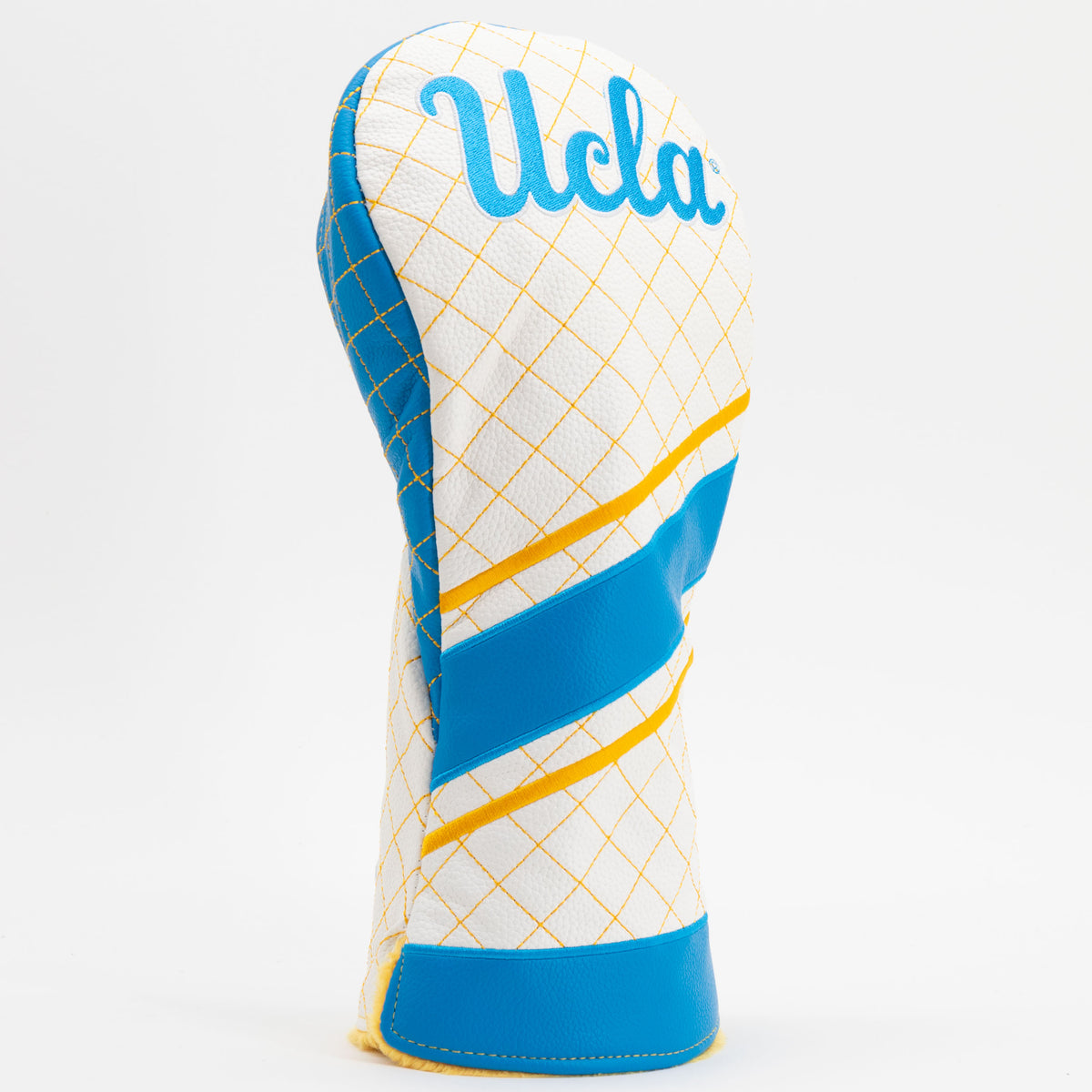 UCLA Bruins striped quilted driver headcover, close-up of diamond stitching and exterior texture