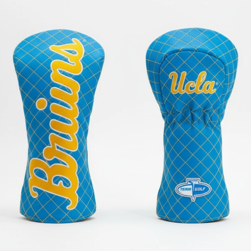 Two blue golf club head covers with 'Bruins' and 'UCLA' branding on a white background.
