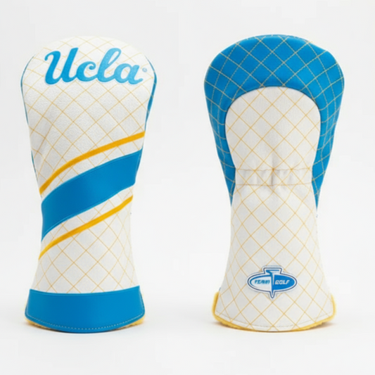 Golf club head covers with UCLA branding on a white background