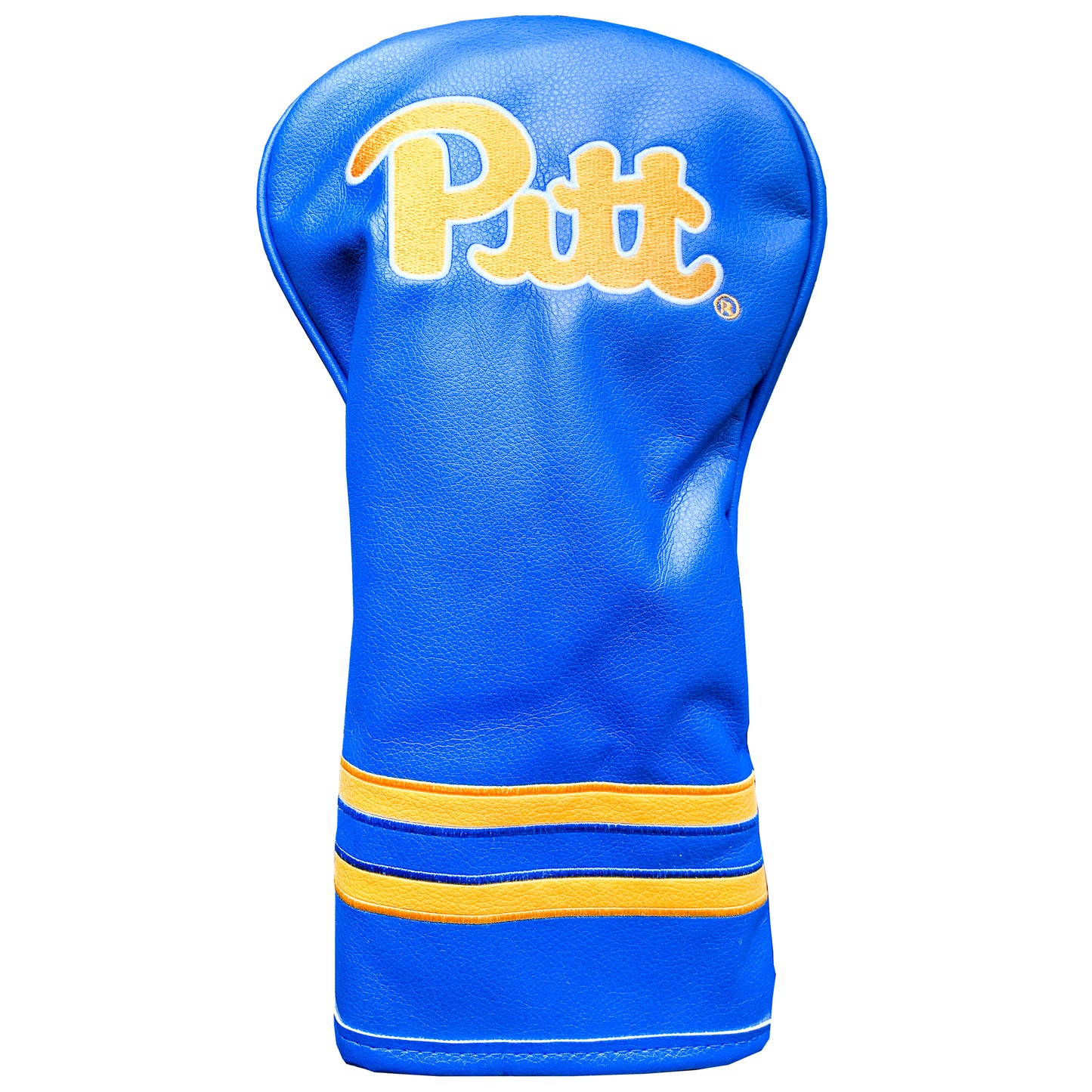 Blue golf club head cover with 'Pitt' logo on a white background
