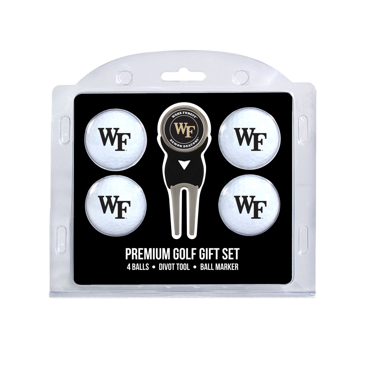 Wake Forest four ball golf gift set with divot tool and ball marker