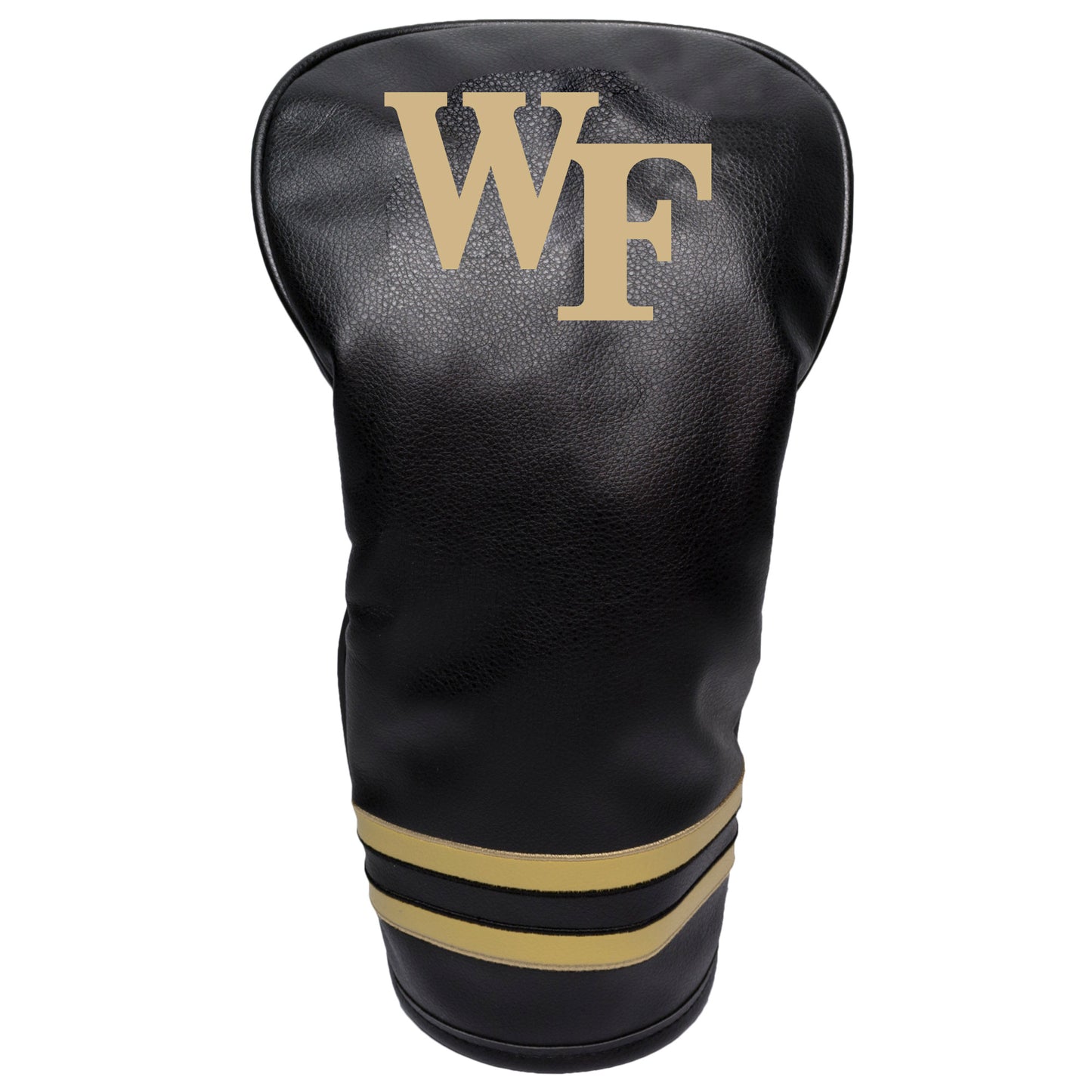 Black golf club head cover with gold 'WF' logo on a white background