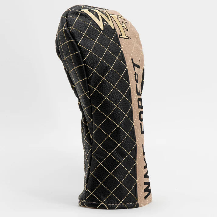 Golf club head cover with black and beige checkered pattern on a white background