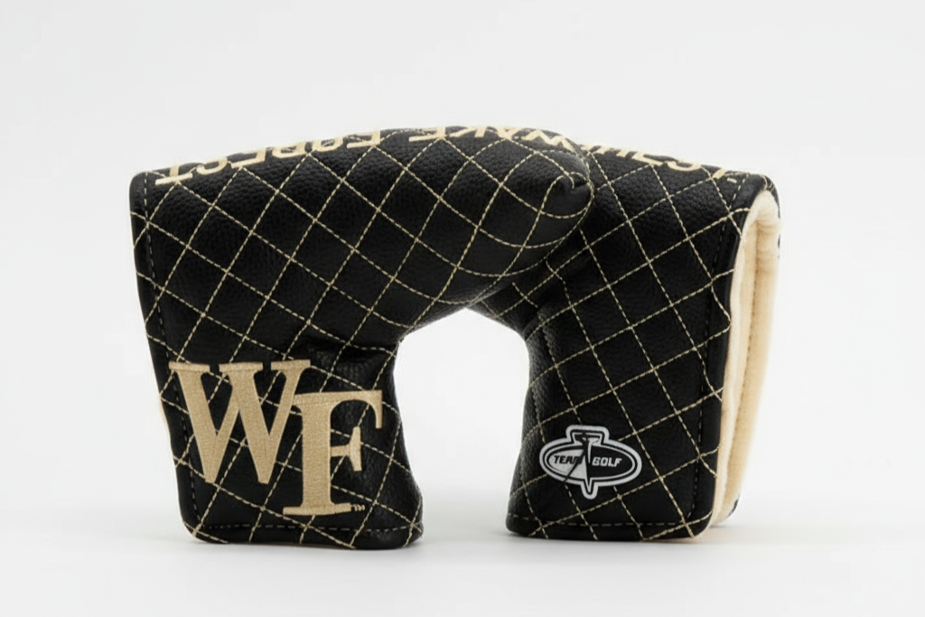 Black and gold golf club head cover with 'WF' logo on a white background