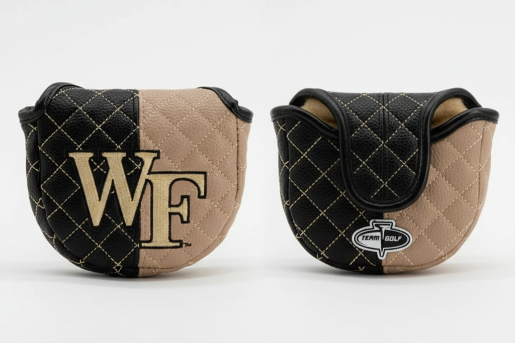 Two quilted golf club covers with 'WF' and 'Koolaid' logos on a white background