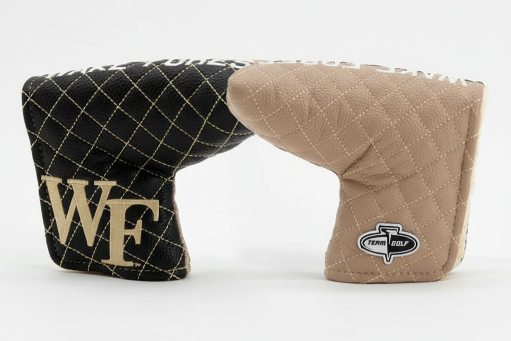 Two quilted golf club head covers, one black with 'WF' and one beige with a logo, on a white background.