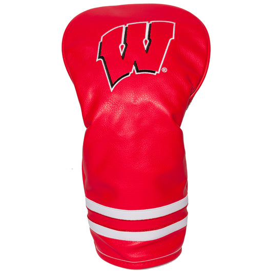 Red golf head cover with a logo on a white background