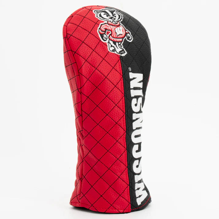Red and black quilted golf club head cover with 'Wisconsin' branding on a white background