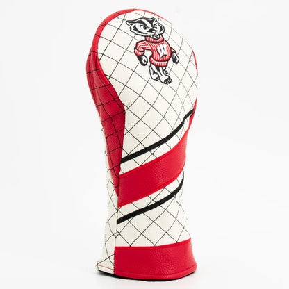 Golf club head cover with red, white, and black design on a white background