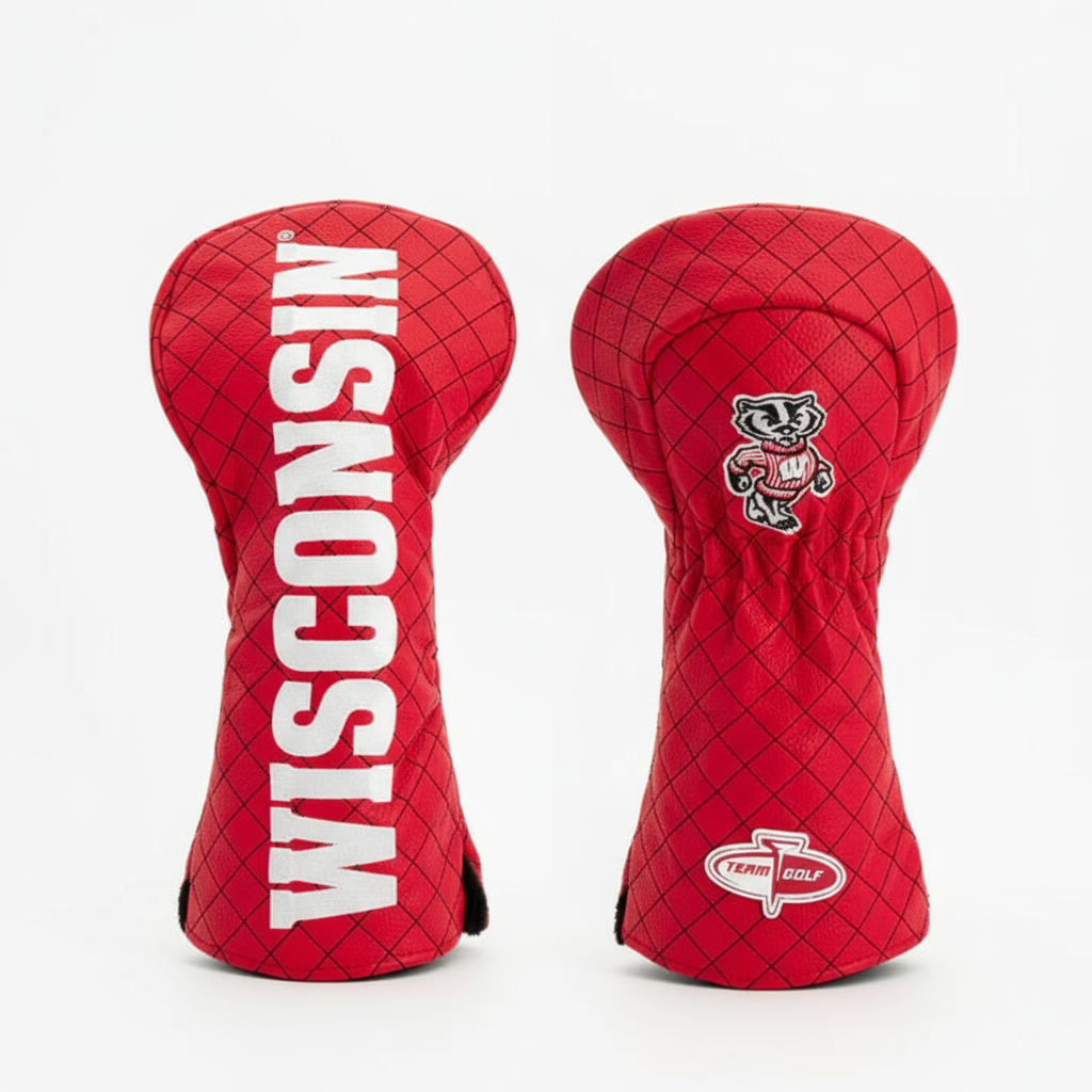 Red golf club head covers with 'Wisconsin' and a logo on a white background