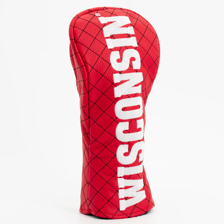 Red golf club head cover with 'Wisconsin' text on a white background