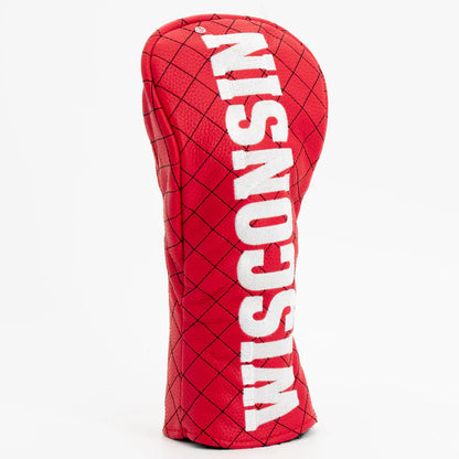 Red golf club head cover with 'Wisconsin' text on a white background