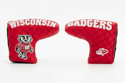 Red golf club covers with 'Wisconsin Badgers' text and logo on a white background
