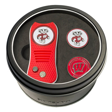 Wisconsin Badgers Switchblade Divot Tool + 2 Ball Marker Tin Gift Set