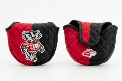 Two quilted golf club covers with logos on a white background