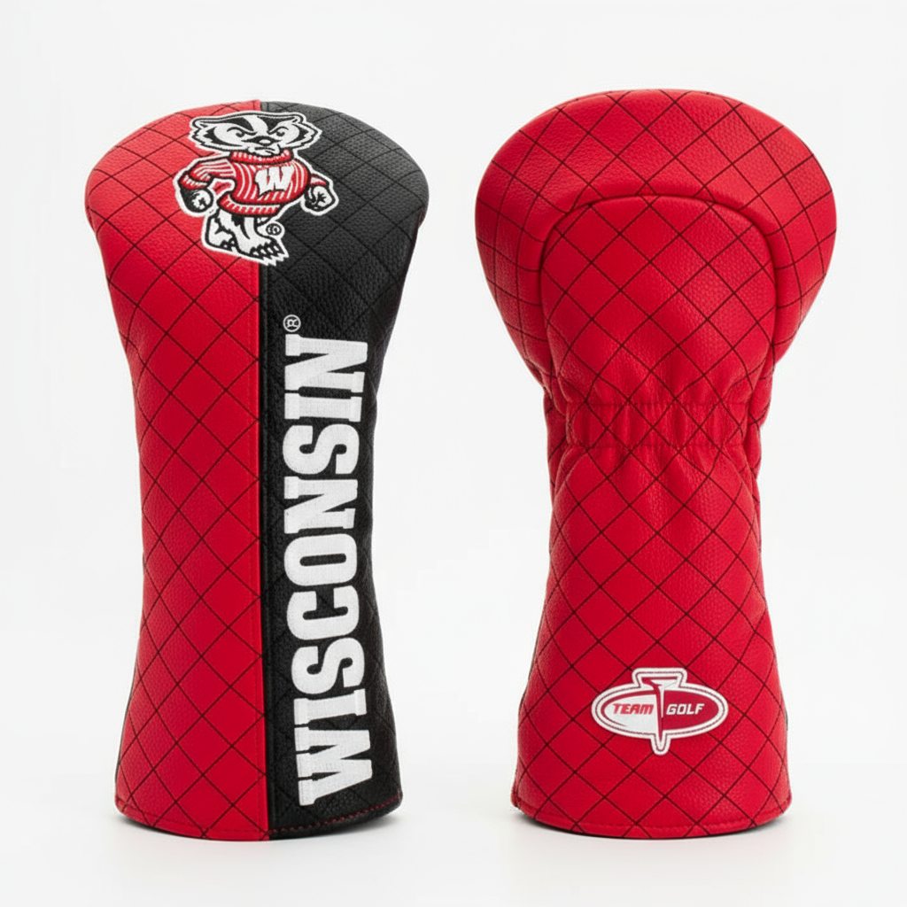 Red and black golf club head covers with 'Wisconsin' branding on a white background