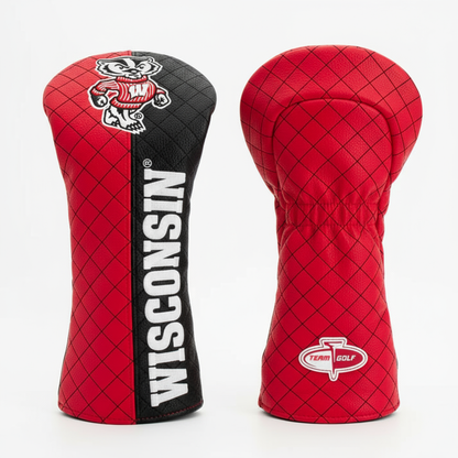 Red and black golf club head covers with 'Wisconsin' branding on a white background