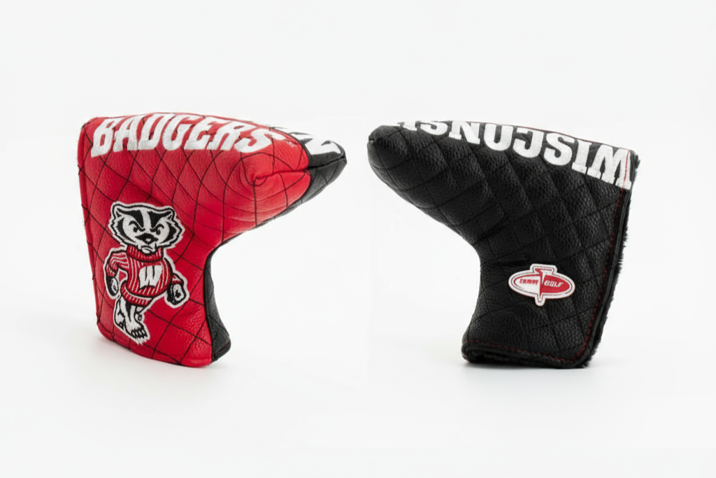 Red and black golf club covers with 'Badgers' and 'Wisconsin' text on a white background