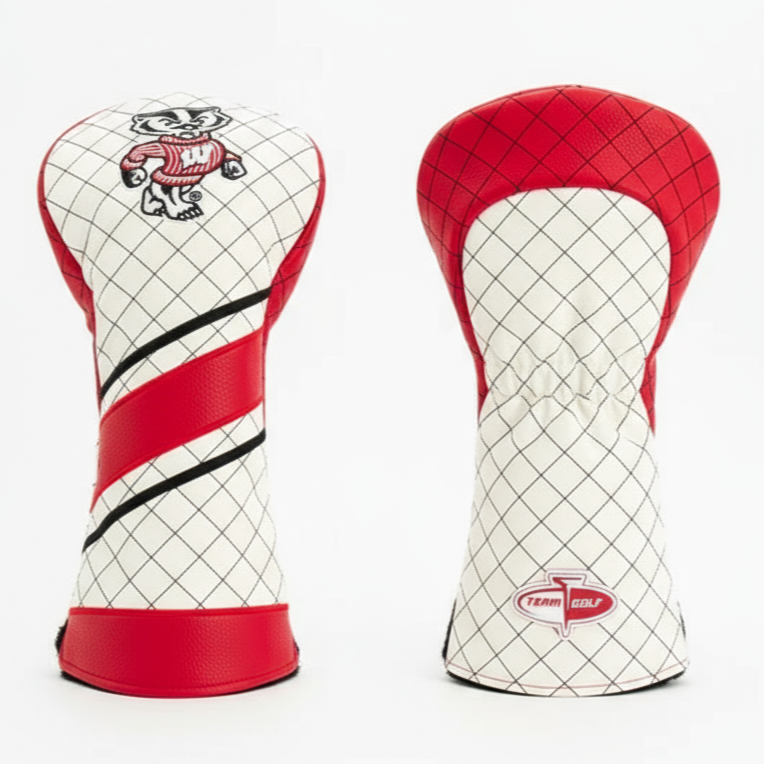 Two golf club head covers with red and white design on a white background