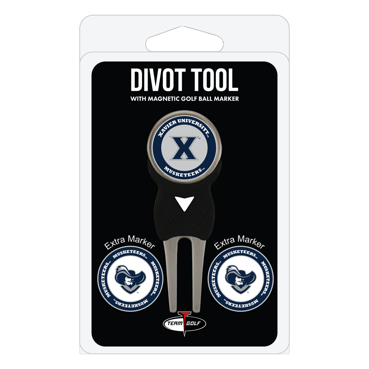 Xavier Musketeers divot repair tool and three ball markers