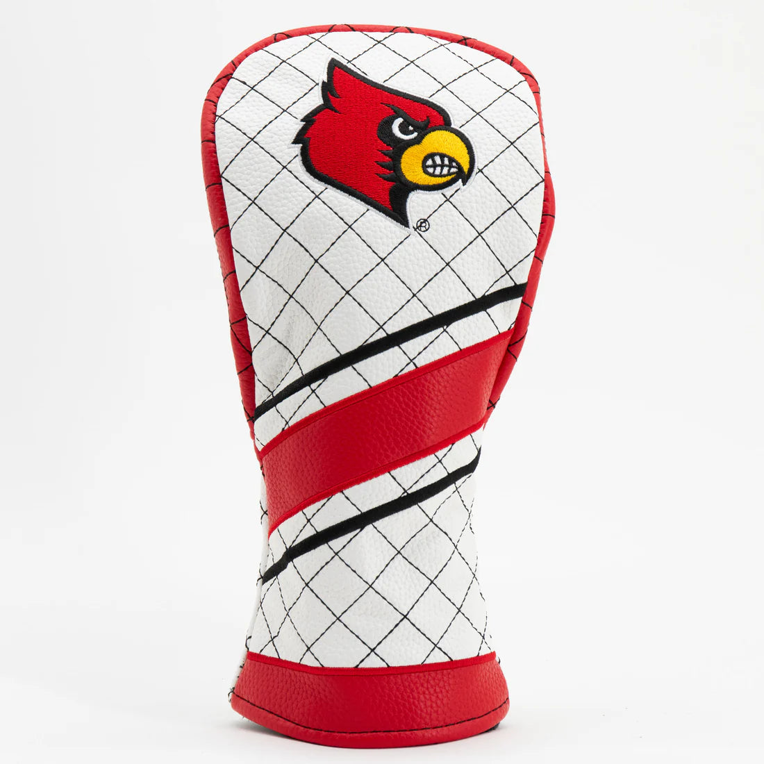 Golf club head cover with a red and black logo on a white background