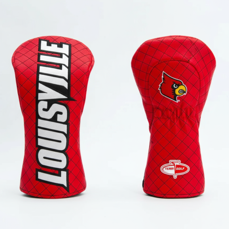 Two red golf club heads with 'Louisville' branding on a white background