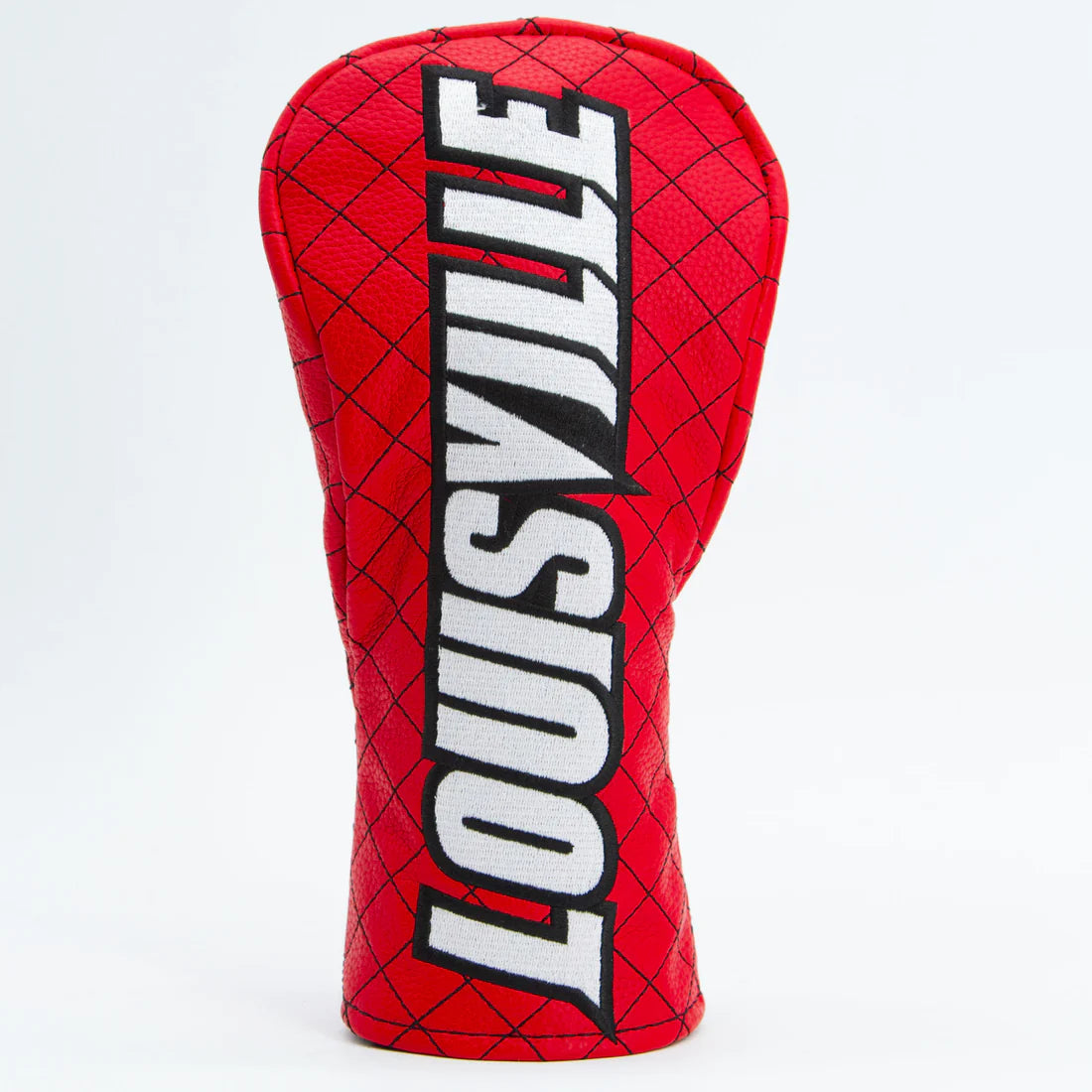 Red golf club head cover with 'Louisville' branding on a white background