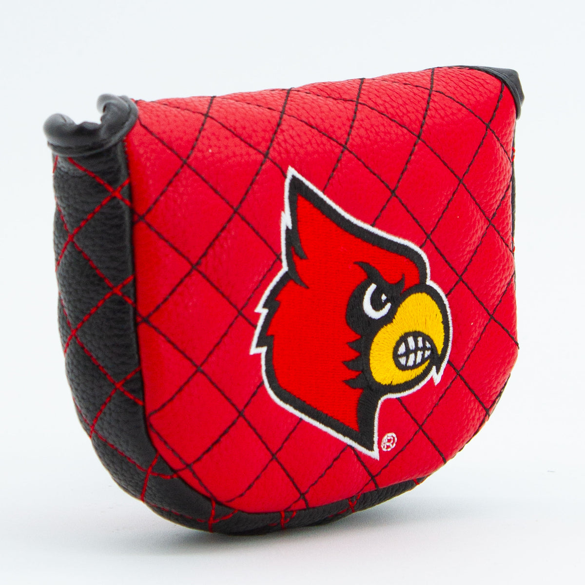 Louisville Cardinals solid quilted mallet putter cover, close-up of the stitching and textured exterior