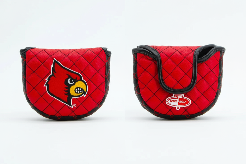 Two red quilted golf club covers with logos on a white background