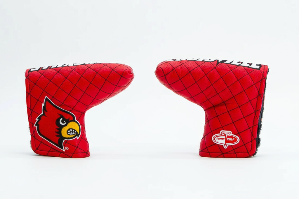 Two red golf club covers with a logo on a white background
