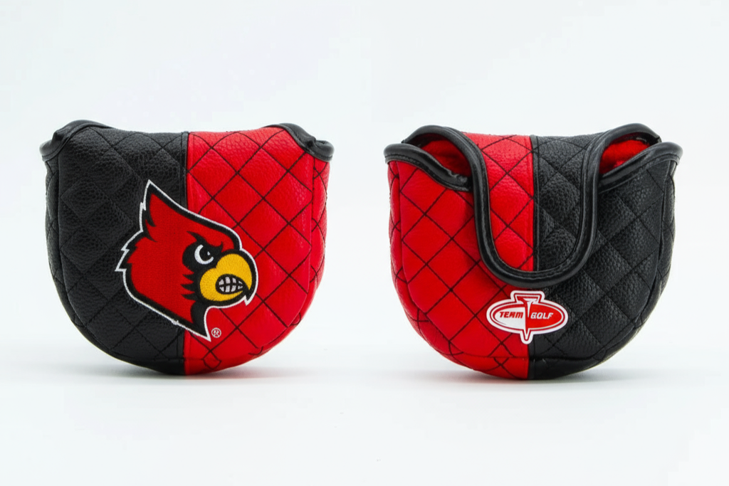 Two quilted golf club covers with logos on a white background