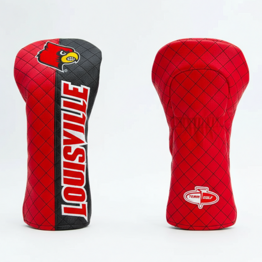 Red and black golf club head covers with Louisville logo on a white background