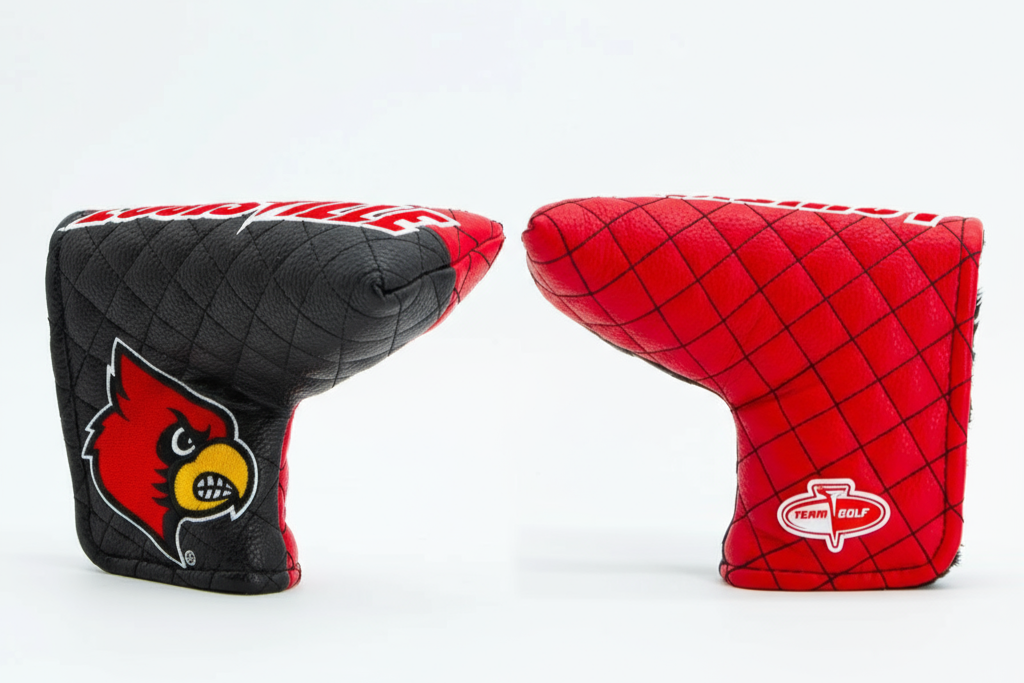 Black and red golf club head covers with logos on a white background