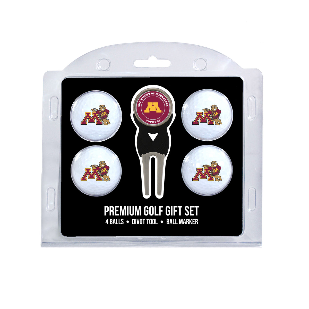Minnesota four ball golf gift set with divot tool and ball marker