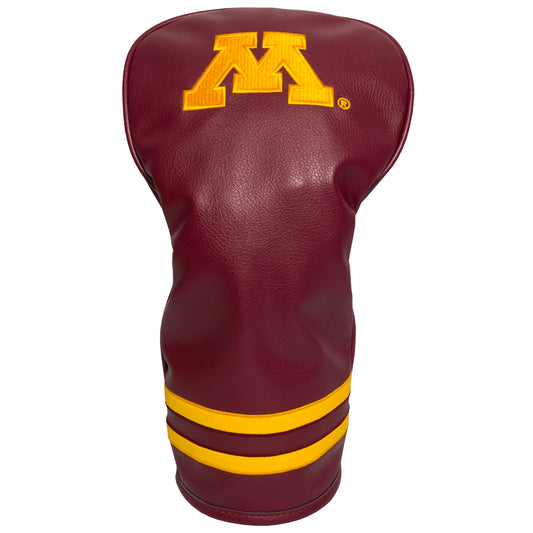Maroon golf club head cover with yellow stripes and logo on a white background