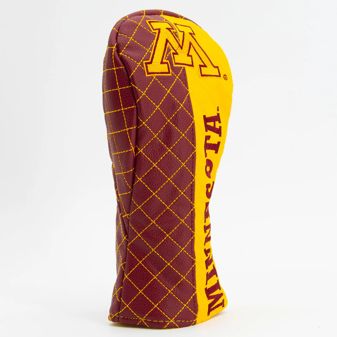Maroon and yellow golf club head cover with 'Minnesota' text on a white background