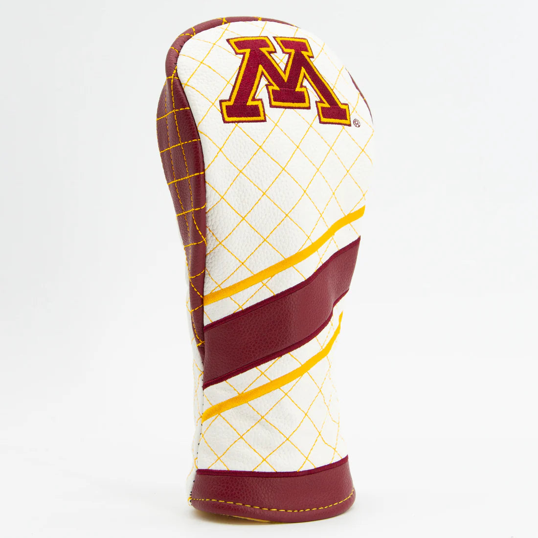 Golf club head cover with maroon 'M' logo on a white background